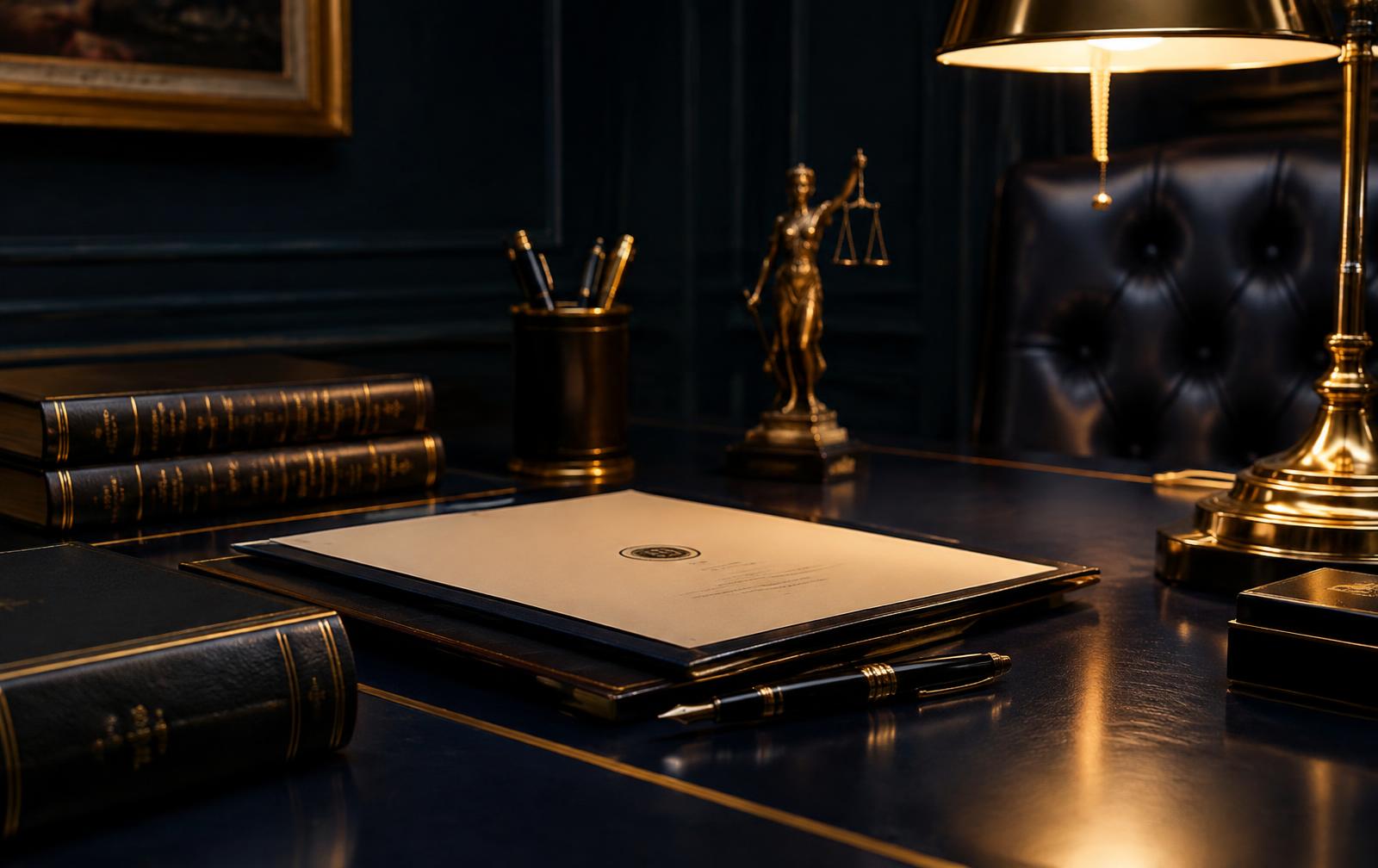 Elegant legal desk with documents and fountain pen